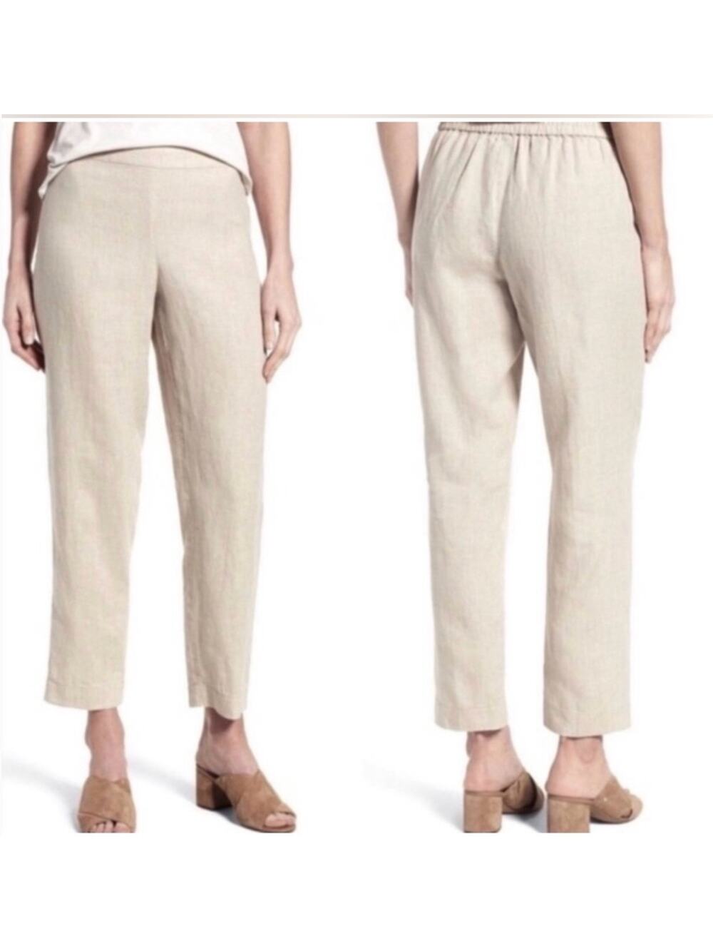 Eileen Fisher Women's Pants 100% Organic Linen Tan Pull-on Minimalist Size Large